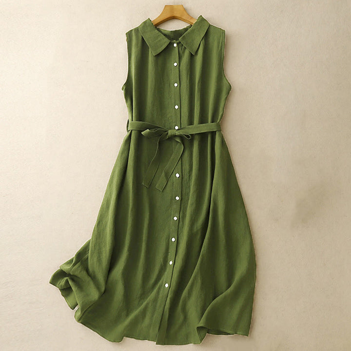 Buddha Stones Letnia prosta sznurowana sukienka midi z guzikami z przodu z klapami i bawełnianą aplikacją bez rękawów - ForestGreen - US12, UK/AU16, EU44 (2XL) - image 8