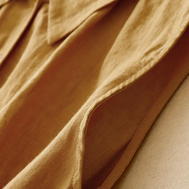 Buddha Stones Letnia prosta sznurowana sukienka midi z guzikami z przodu z klapami i bawełnianą aplikacją bez rękawów - image 6