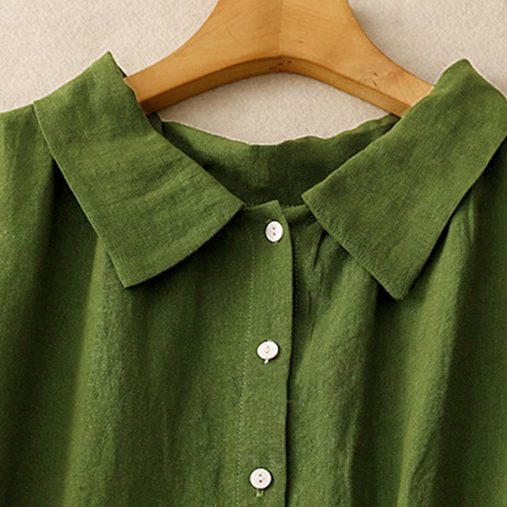 Buddha Stones Letnia prosta sznurowana sukienka midi z guzikami z przodu z klapami i bawełnianą aplikacją bez rękawów - image 9