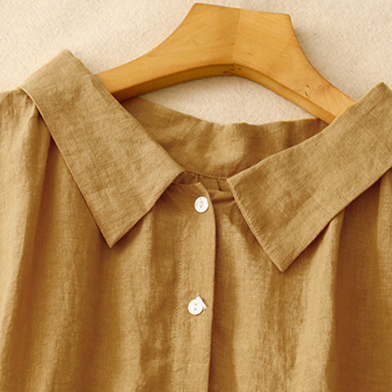 Buddha Stones Letnia prosta sznurowana sukienka midi z guzikami z przodu z klapami i bawełnianą aplikacją bez rękawów - image 2