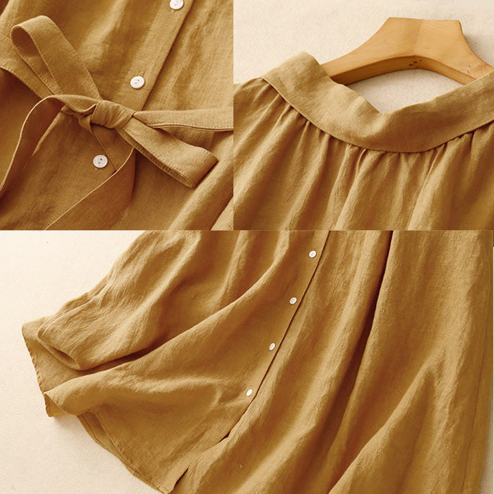 Buddha Stones Letnia prosta sznurowana sukienka midi z guzikami z przodu z klapami i bawełnianą aplikacją bez rękawów - image 7