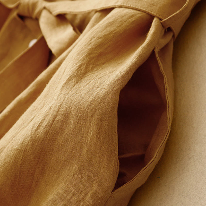 Buddha Stones Letnia prosta sznurowana sukienka midi z guzikami z przodu z klapami i bawełnianą aplikacją bez rękawów - image 4