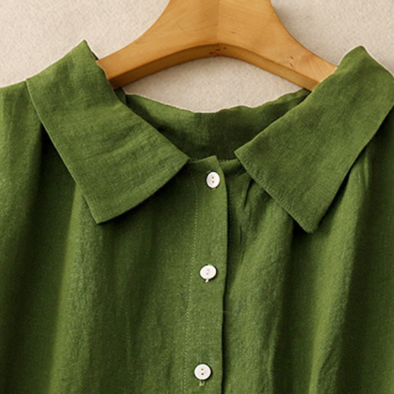 Buddha Stones Letnia prosta sznurowana sukienka midi z guzikami z przodu z klapami i bawełnianą aplikacją bez rękawów - image 9