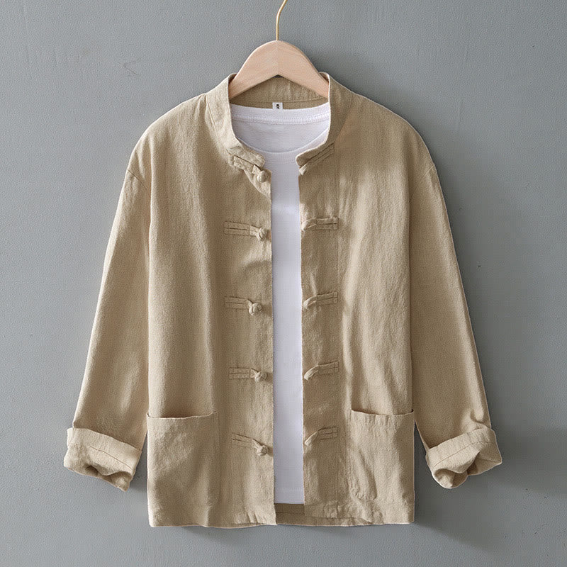Kamienie Buddha Stones -Guzik Chiński Tang Garnitur Bawełna Lniana Męska Kurtka Koszula Z Kieszeniami - Beżowy - US/UK/AU50, EU60 (5XL) - image 23