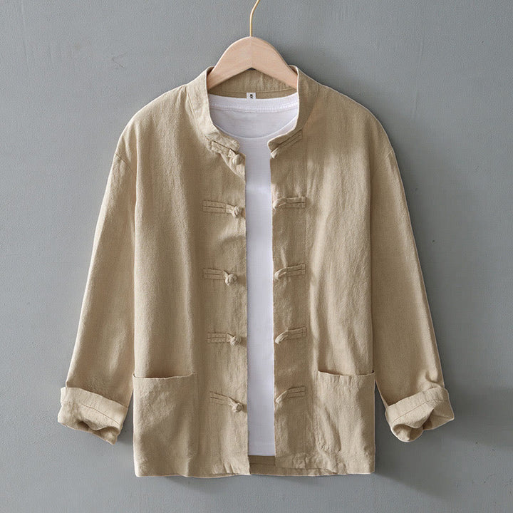 Kamienie Buddha Stones -Guzik Chiński Tang Garnitur Bawełna Lniana Męska Kurtka Koszula Z Kieszeniami - Beżowy - US/UK/AU50, EU60 (5XL) - image 23