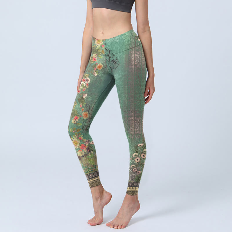 Buddha Stones Vintage Floral Garland Lace Damask Pattern Print Gym Legginsy Damskie Spodnie do Jogi - MediumSeaGreen - US18, UK/AU22, EU50 (4XL) - image 1