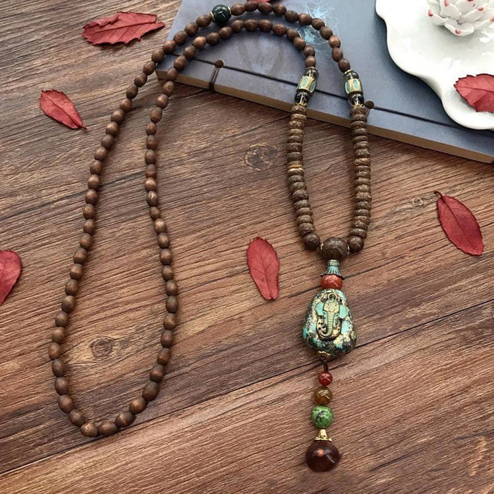 Buddha Stones Tybetańskie Ręcznie Robione Drewno Wenge Ochrona Dzi Koralik Naszyjnik Głowa Słonia Wisiorek