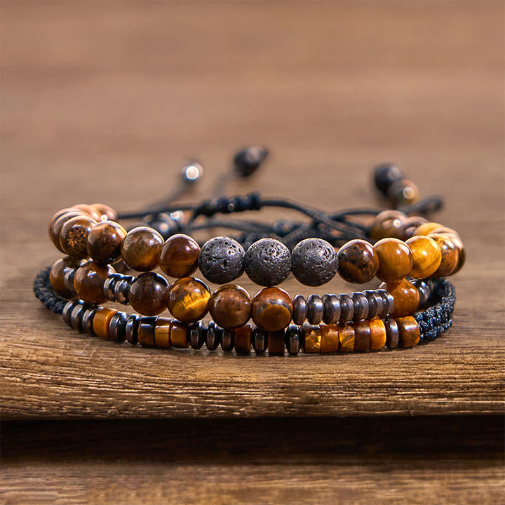 Zestaw 3 bransoletek ochronnych z Buddha Stones i kamieniami lawowymi Tiger Eye