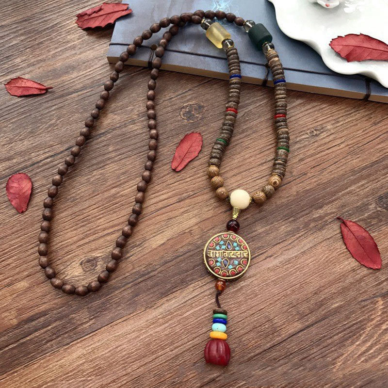 Buddha Stones Tybetańskie Ręcznie Robione Skorupki Kokosa Schima Drewno Wielki Jasny Mantra Miedziany Koralik Równowaga Naszyjnik Wisiorek