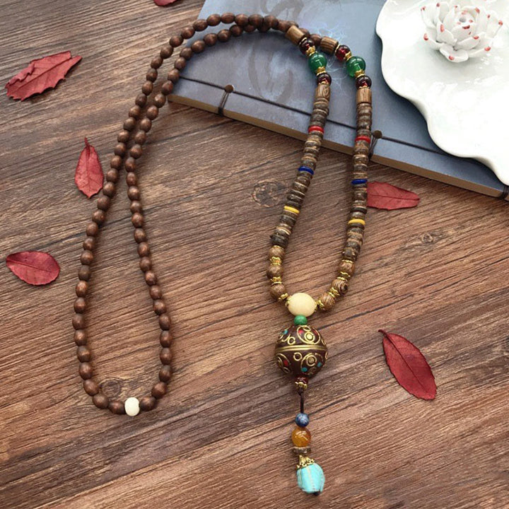Buddha Stones Tybetańskie Ręcznie Robione Skorupki Kokosa Schima Drewno Wielki Jasny Mantra Miedziany Koralik Równowaga Naszyjnik Wisiorek