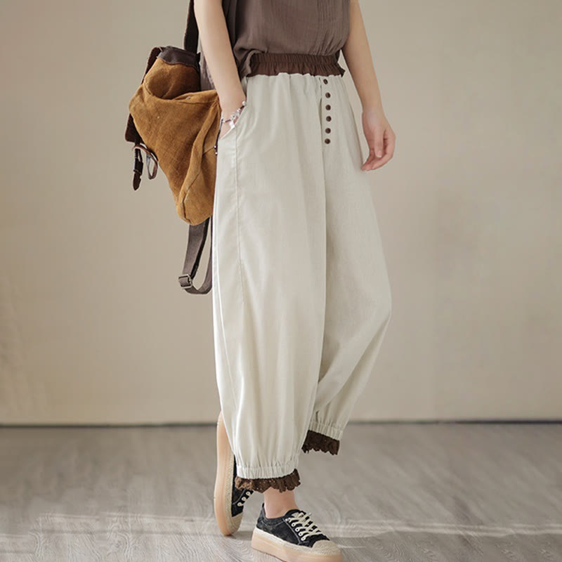 Buddha Stones Casual Wiosna Jednolity Kolor Patchwork Design Damskie Bawełniane Lniane Elastyczne Spodnie Harem Z Kieszeniami - image 3