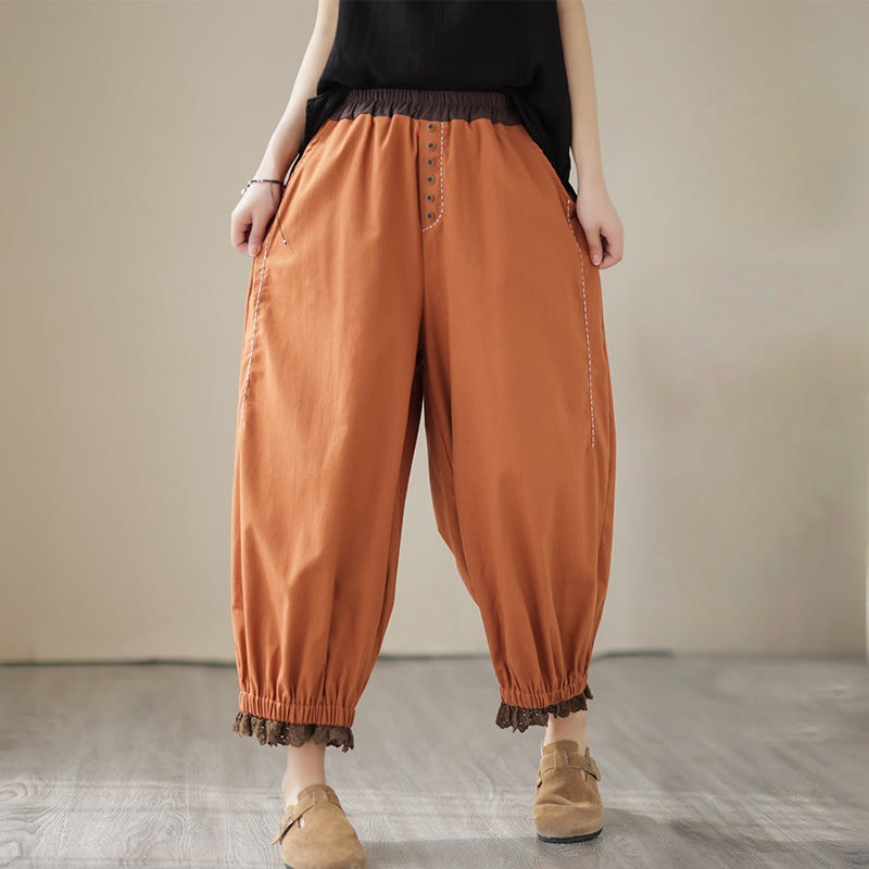 Buddha Stones Casual Wiosna Jednolity Kolor Patchwork Design Damskie Bawełniane Lniane Elastyczne Spodnie Harem Z Kieszeniami - Czekolada - US8-10，UK/AU12-14，EU40-42 (2XL) - image 7