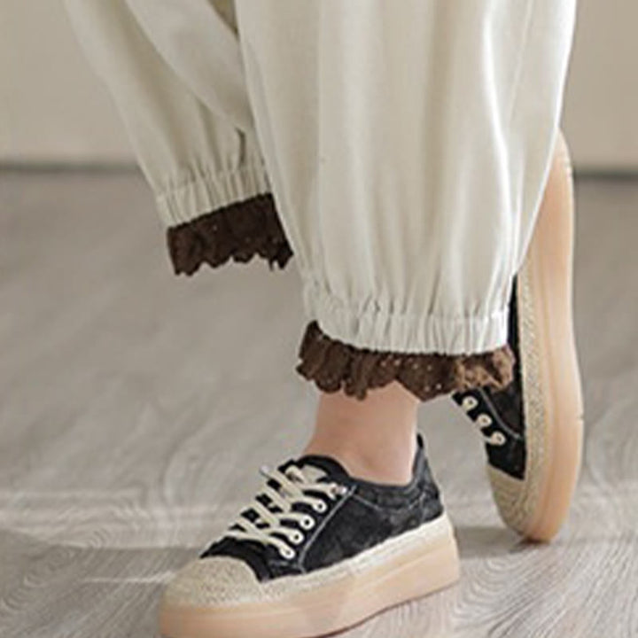 Buddha Stones Casual Wiosna Jednolity Kolor Patchwork Design Damskie Bawełniane Lniane Elastyczne Spodnie Harem Z Kieszeniami - image 6