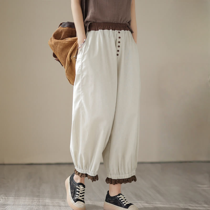 Buddha Stones Casual Wiosna Jednolity Kolor Patchwork Design Damskie Bawełniane Lniane Elastyczne Spodnie Harem Z Kieszeniami - image 1