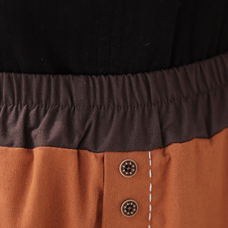 Buddha Stones Casual Wiosna Jednolity Kolor Patchwork Design Damskie Bawełniane Lniane Elastyczne Spodnie Harem Z Kieszeniami