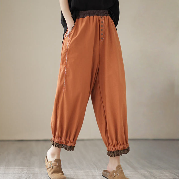 Buddha Stones Casual Wiosna Jednolity Kolor Patchwork Design Damskie Bawełniane Lniane Elastyczne Spodnie Harem Z Kieszeniami