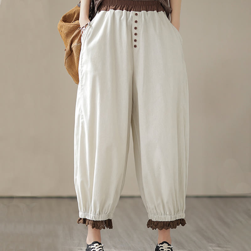 Buddha Stones Casual Wiosna Jednolity Kolor Patchwork Design Damskie Bawełniane Lniane Elastyczne Spodnie Harem Z Kieszeniami - image 5