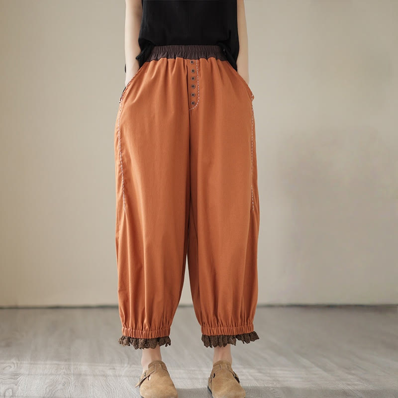 Buddha Stones Casual Wiosna Jednolity Kolor Patchwork Design Damskie Bawełniane Lniane Elastyczne Spodnie Harem Z Kieszeniami - image 8
