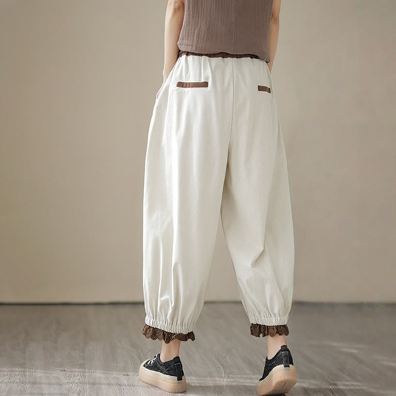 Buddha Stones Casual Wiosna Jednolity Kolor Patchwork Design Damskie Bawełniane Lniane Elastyczne Spodnie Harem Z Kieszeniami
