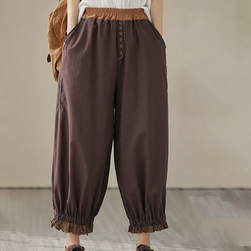 Buddha Stones Casual Wiosna Jednolity Kolor Patchwork Design Damskie Bawełniane Lniane Elastyczne Spodnie Harem Z Kieszeniami