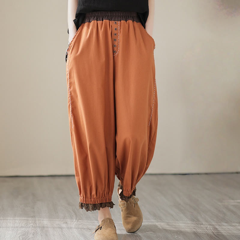 Buddha Stones Casual Wiosna Jednolity Kolor Patchwork Design Damskie Bawełniane Lniane Elastyczne Spodnie Harem Z Kieszeniami - image 10