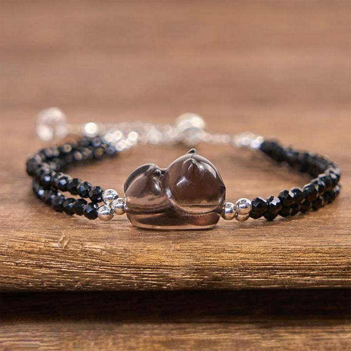 Buddha Stones Lód Obsydian Czarny Spinel Leżący Kot Odwaga Bransoletka Podwójna Warstwa - image 2