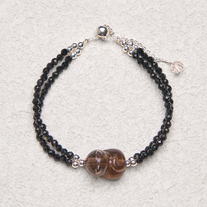 Buddha Stones Lód Obsydian Czarny Spinel Leżący Kot Odwaga Bransoletka Podwójna Warstwa - image 6