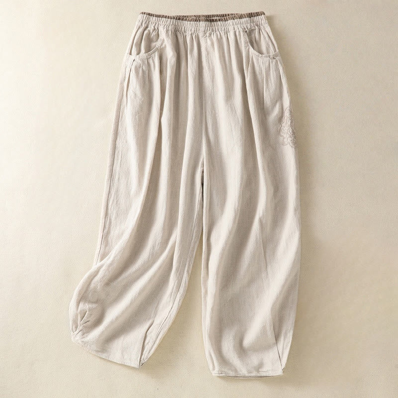 Buddha Stones Casual Haftowane Damskie Spodnie Harem Z Bawełny Lnianej 7-8 Długość Z Kieszeniami - Bielizna - US8-10，UK/AU12-14，EU40-42 (2XL) - image 6