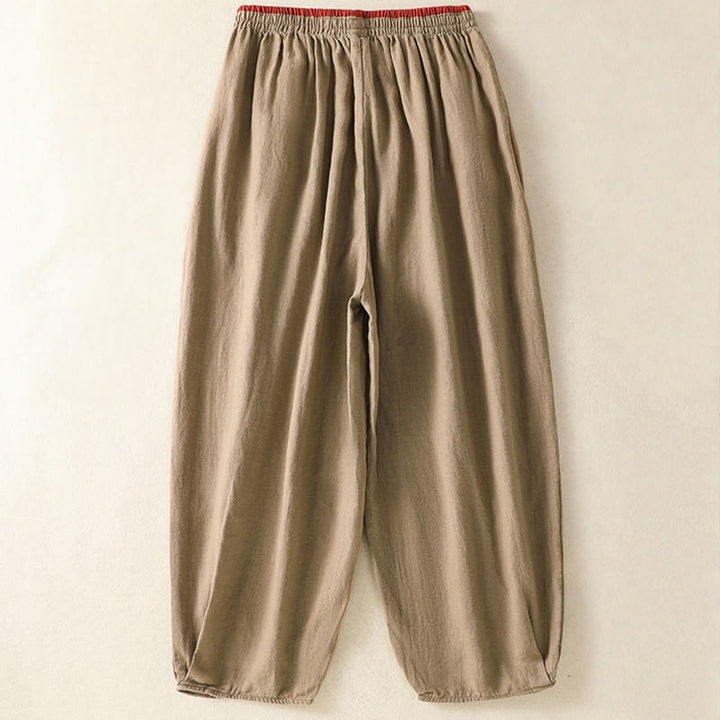 Buddha Stones Casual Haftowane Damskie Spodnie Harem Z Bawełny Lnianej 7-8 Długość Z Kieszeniami - image 1