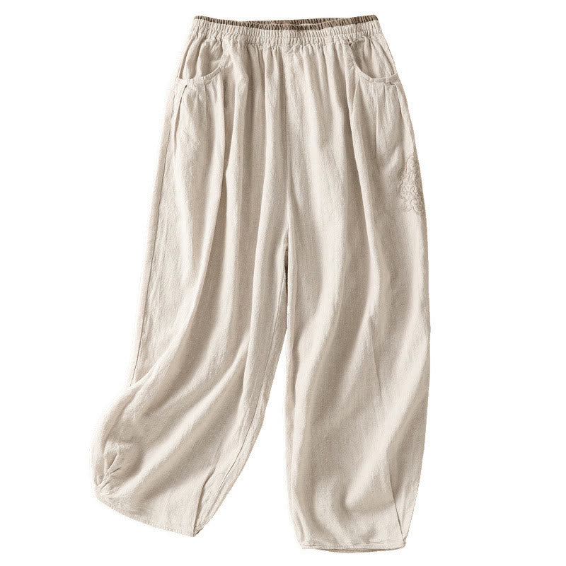 Buddha Stones Casual Haftowane Damskie Spodnie Harem Z Bawełny Lnianej 7-8 Długość Z Kieszeniami - image 15