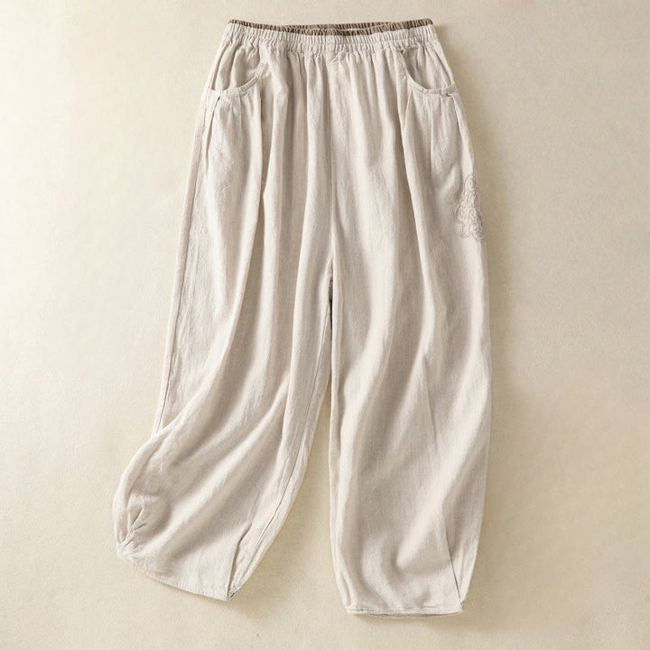 Buddha Stones Casual Haftowane Damskie Spodnie Harem Z Bawełny Lnianej 7-8 Długość Z Kieszeniami - Bielizna - US8-10，UK/AU12-14，EU40-42 (2XL) - image 6