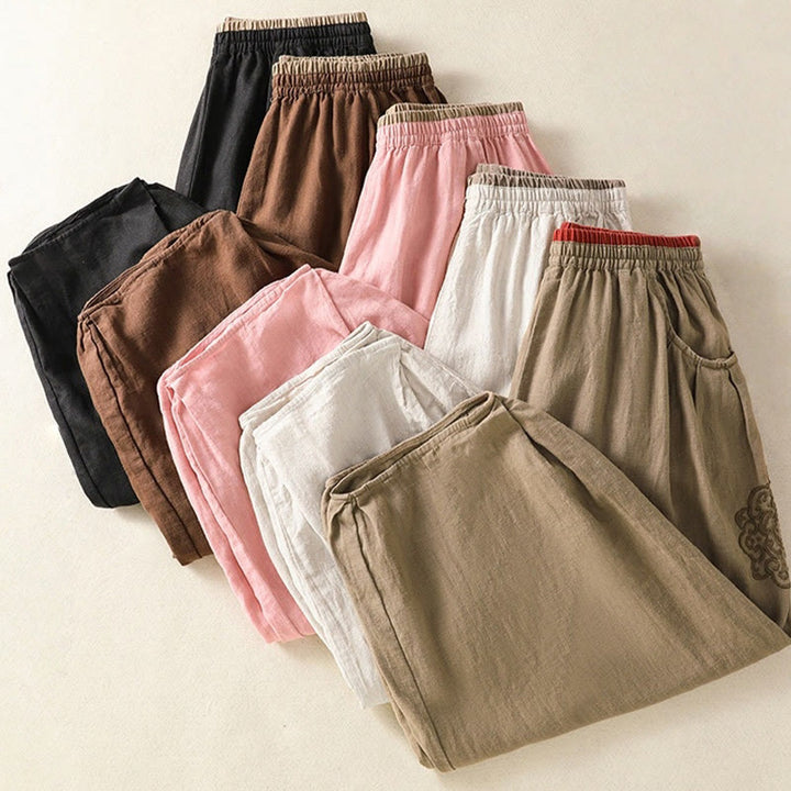 Buddha Stones Casual Haftowane Damskie Spodnie Harem Z Bawełny Lnianej 7-8 Długość Z Kieszeniami - image 36