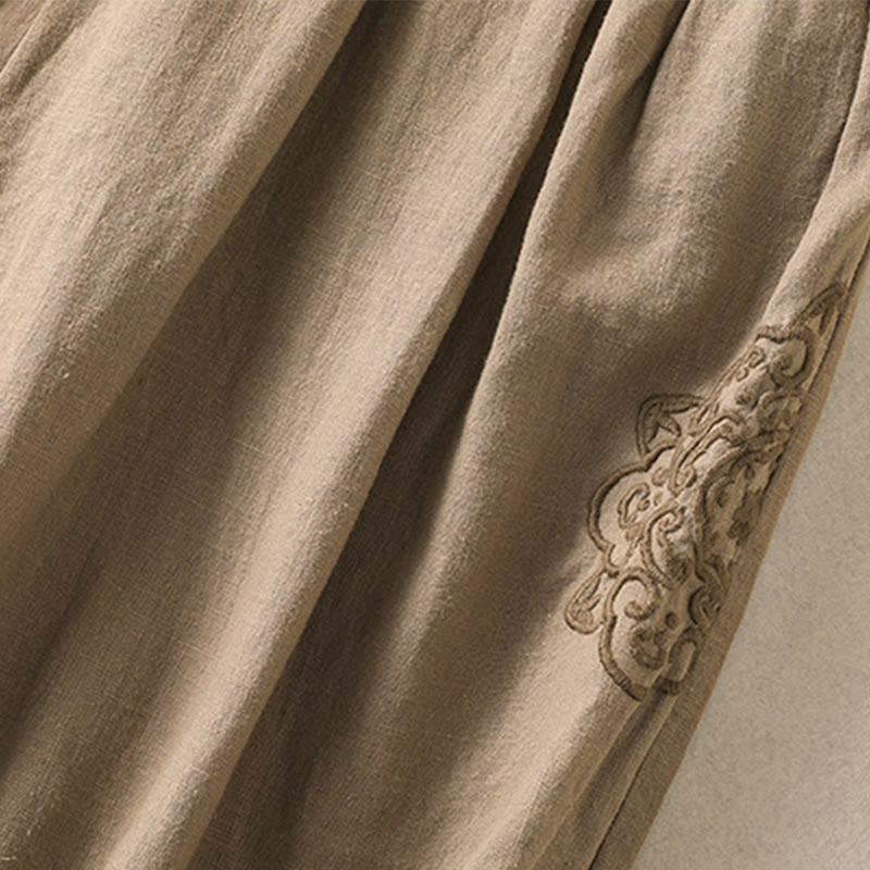 Buddha Stones Casual Haftowane Damskie Spodnie Harem Z Bawełny Lnianej 7-8 Długość Z Kieszeniami - image 4