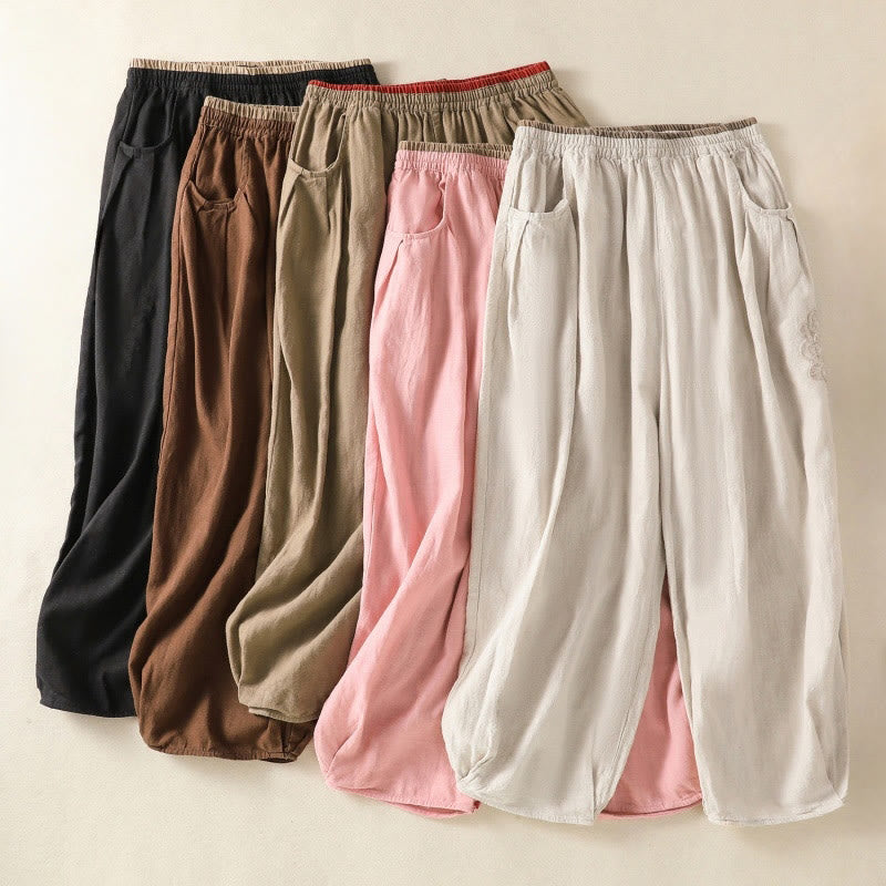 Buddha Stones Casual Haftowane Damskie Spodnie Harem Z Bawełny Lnianej 7-8 Długość Z Kieszeniami - image 35