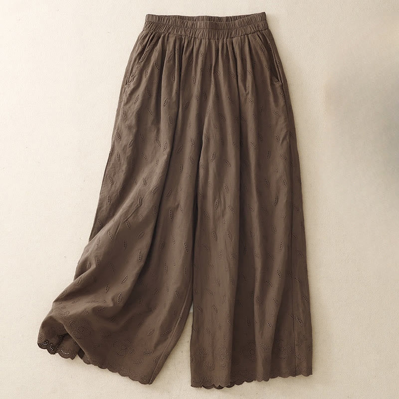 Buddha Stones Letnie Vintage Haft Koronkowy Obszycie Patchworkowy Design Damskie Szerokie Nogawki Bawełniane Spodnie Z Kieszeniami - SaddleBrown - US6, UK/AU10, EU38 (XL) - image 0