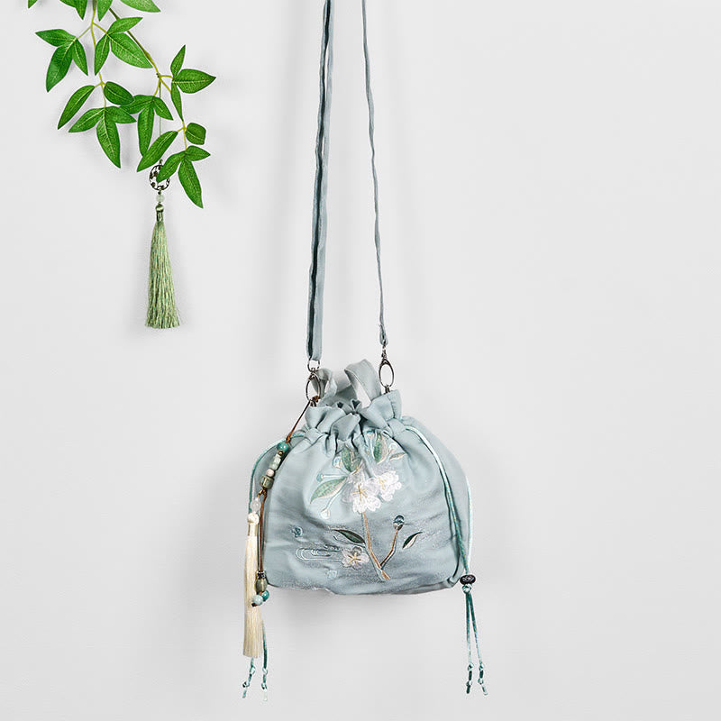 Buddha Stones haftowane zielone kwiaty liście płócienna torba typu crossbody torba na ramię torebka