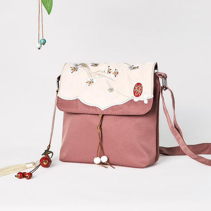 Buddha Stones, gładka brązowa haftowana śliwka, bossom, bawełniana, lniana torba typu crossbody, torba na ramię