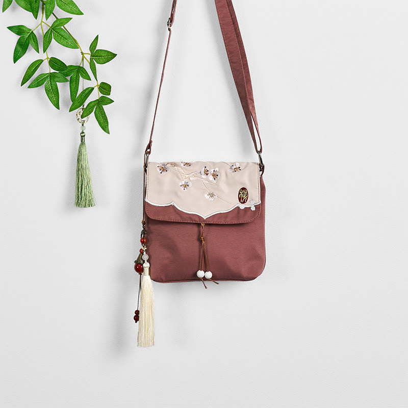 Buddha Stones, gładka brązowa haftowana śliwka, bossom, bawełniana, lniana torba typu crossbody, torba na ramię