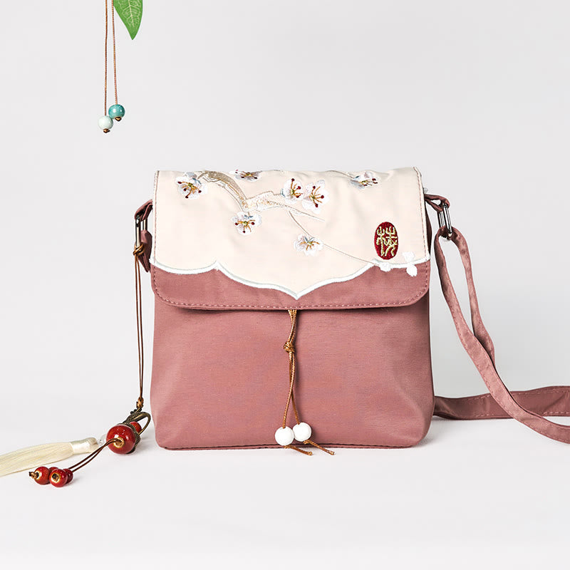 Buddha Stones, gładka brązowa haftowana śliwka, bossom, bawełniana, lniana torba typu crossbody, torba na ramię