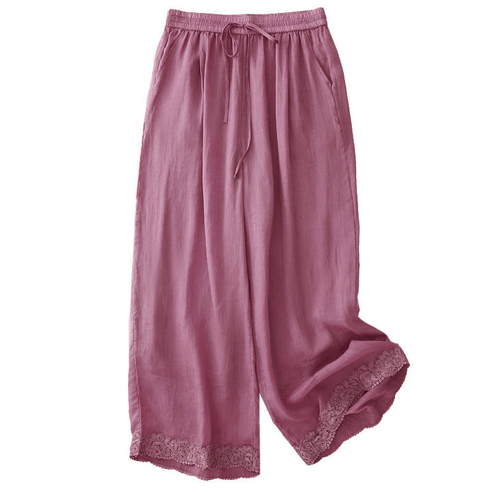 Buddha Stones Casual Vintage Gładki Sznurek Koronkowy Patchwork Design Damskie Szerokie Nogawki Bawełniane Elastyczne Spodnie W Pasie Z Kieszeniami - image 9