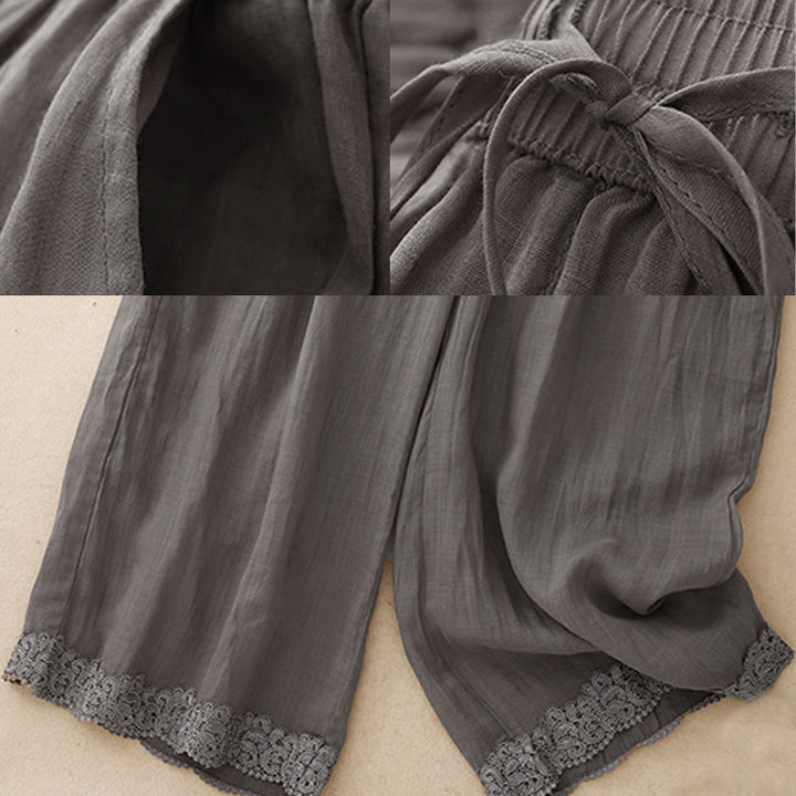 Buddha Stones Casual Vintage Gładki Sznurek Koronkowy Patchwork Design Damskie Szerokie Nogawki Bawełniane Elastyczne Spodnie W Pasie Z Kieszeniami - image 5