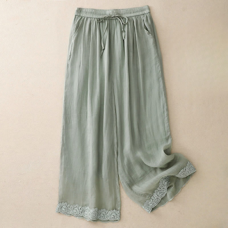 Buddha Stones Casual Vintage Gładki Sznurek Koronkowy Patchwork Design Damskie Szerokie Nogawki Bawełniane Elastyczne Spodnie W Pasie Z Kieszeniami - ŚredniaAkwamaryna - US8-10，UK/AU12-14，EU40-42 (2XL) - image 0