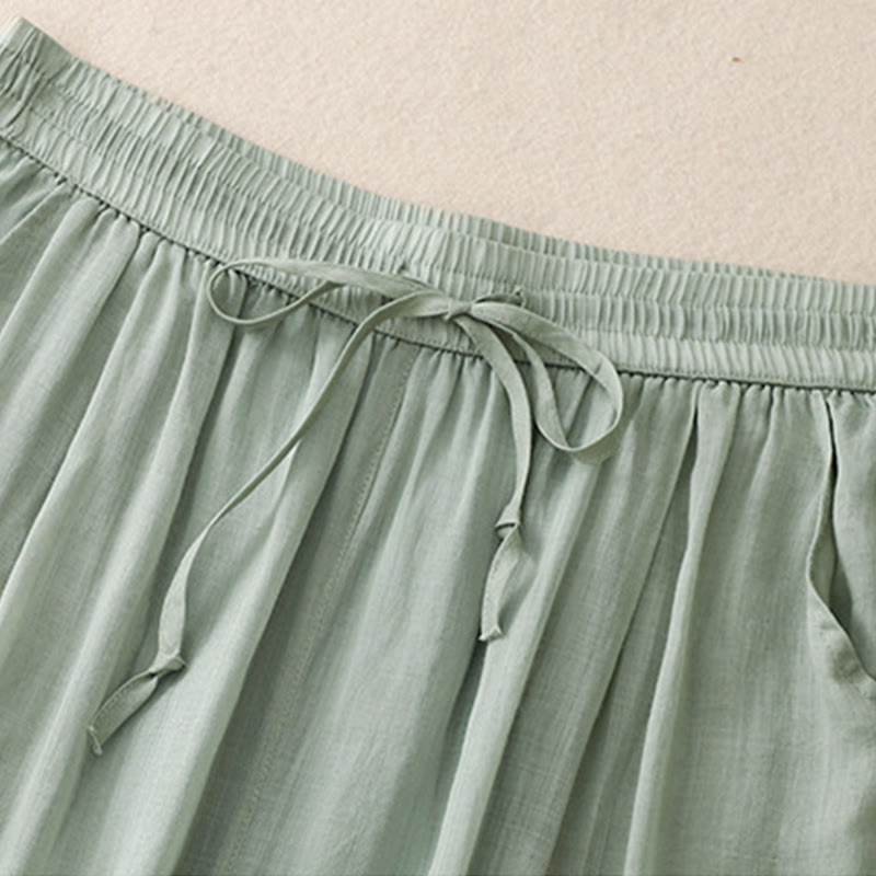 Buddha Stones Casual Vintage Gładki Sznurek Koronkowy Patchwork Design Damskie Szerokie Nogawki Bawełniane Elastyczne Spodnie W Pasie Z Kieszeniami - image 1