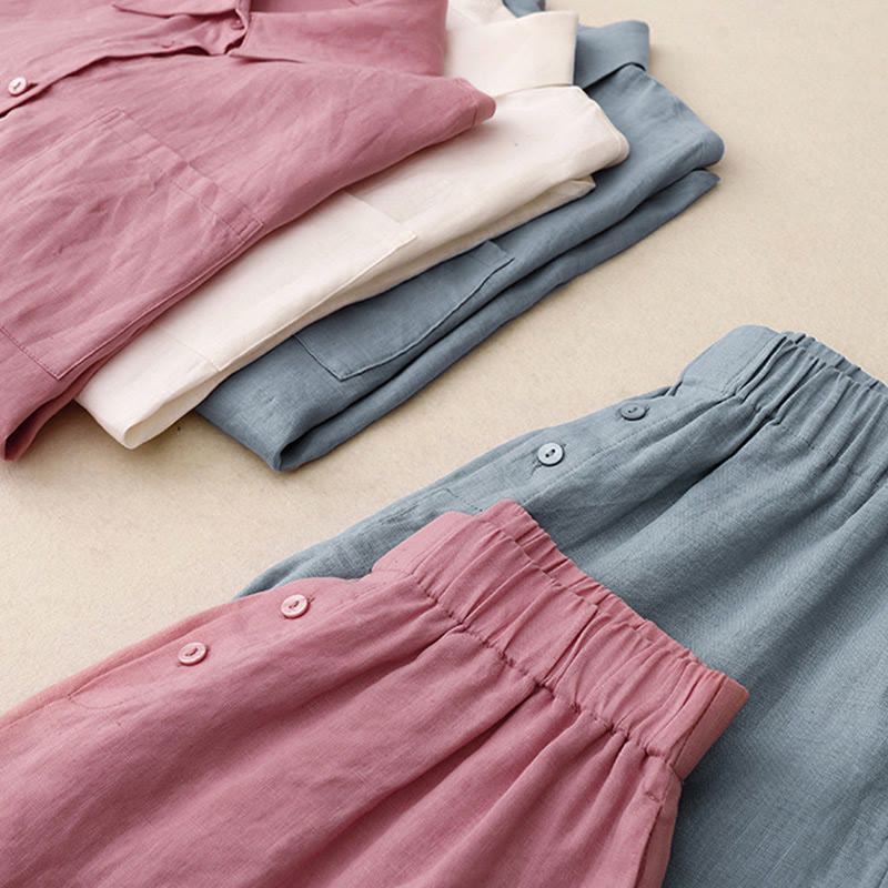 Buddha Stones Lato 2szt. Gładka koszula z długim rękawem Top Kardigan Szorty Medytacja Odzież Damska Zestaw Z Kieszeniami - image 34