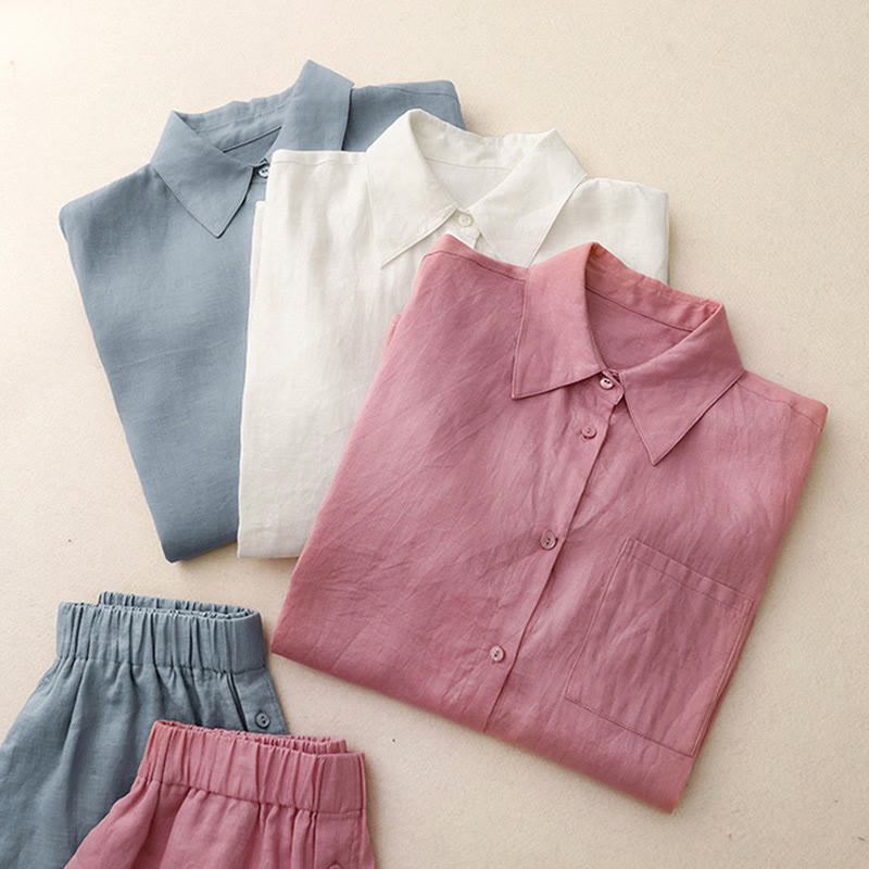 Buddha Stones Lato 2szt. Gładka koszula z długim rękawem Top Kardigan Szorty Medytacja Odzież Damska Zestaw Z Kieszeniami - image 33