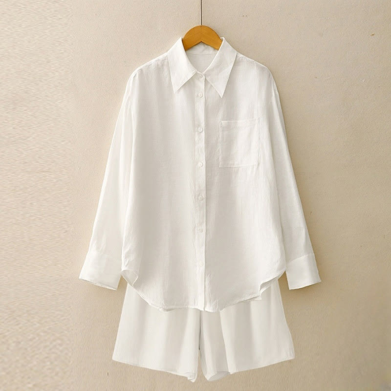 Buddha Stones, Letni, 2 sztuki, Gładka koszula z długim rękawem, Top, Spodenki, Odzież do Medytacji, Damski zestaw z kieszeniami - Biały - US12, UK/AU16, EU44 (2XL) - image 28