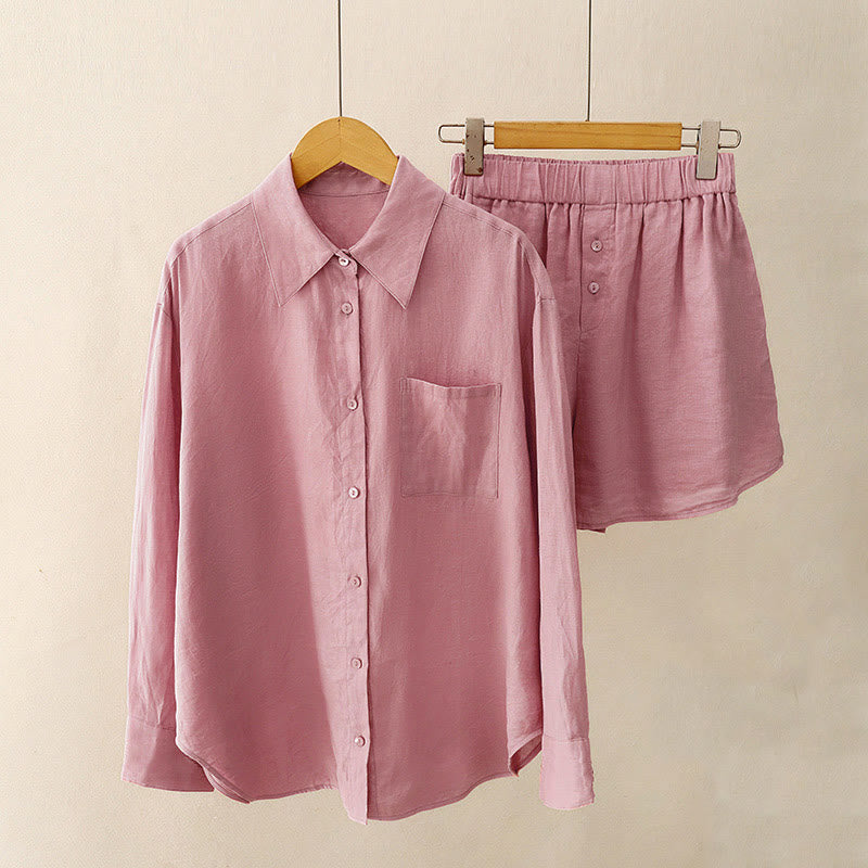 Buddha Stones Lato 2szt. Gładka koszula z długim rękawem Top Kardigan Szorty Medytacja Odzież Damska Zestaw Z Kieszeniami - Bladofioletowoczerwony - US12, UK/AU16, EU44 (2XL) - image 0