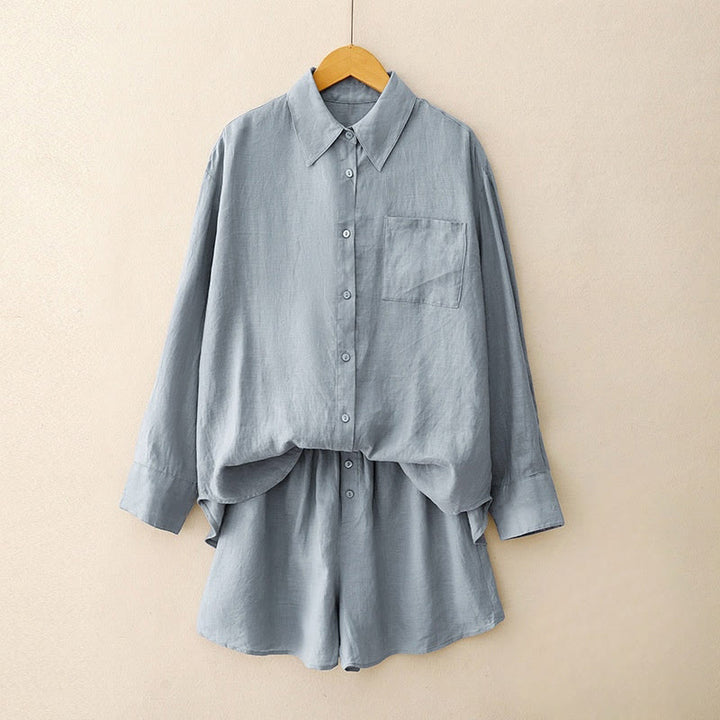 Buddha Stones Lato 2szt. Gładka koszula z długim rękawem Top Kardigan Szorty Medytacja Odzież Damska Zestaw Z Kieszeniami - Chaber niebieski - US12, UK/AU16, EU44 (2XL) - image 17