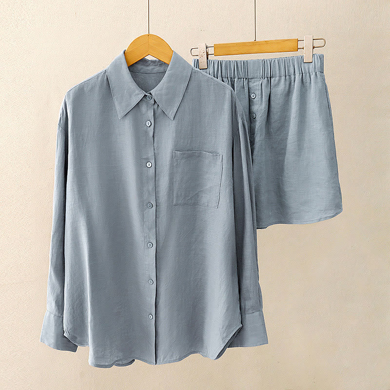 Buddha Stones Lato 2szt. Gładka koszula z długim rękawem Top Kardigan Szorty Medytacja Odzież Damska Zestaw Z Kieszeniami - image 18