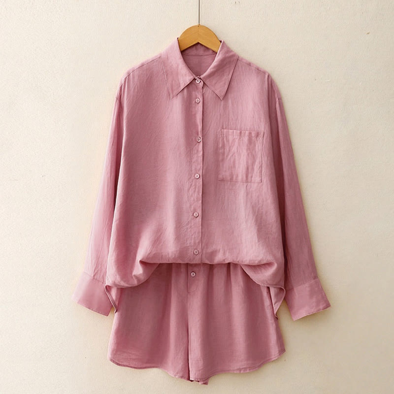 Buddha Stones Lato 2szt. Gładka koszula z długim rękawem Top Kardigan Szorty Medytacja Odzież Damska Zestaw Z Kieszeniami - image 1